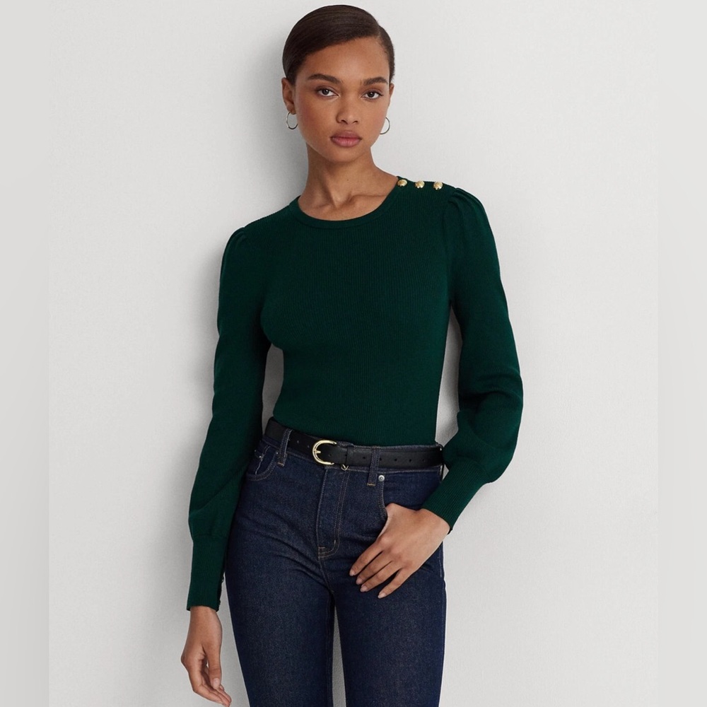 NWT New Lauren Ralph Lauren Dark Green Sweater Button Trim Retail $135 - Picture 3 of 8